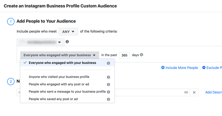 Създайте диалогов прозорец Персонализирана аудитория на бизнес профил в Instagram
