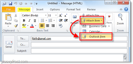 прикачете елемент от Outlook към имейла
