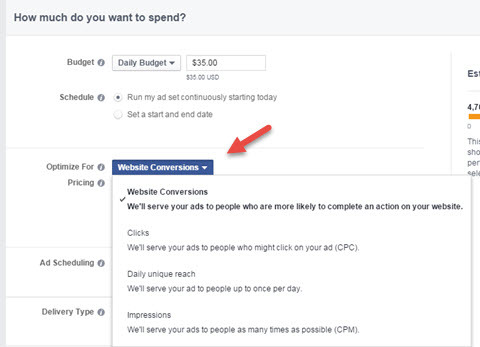избор на оптимизация за преобразуване на реклами във facebook
