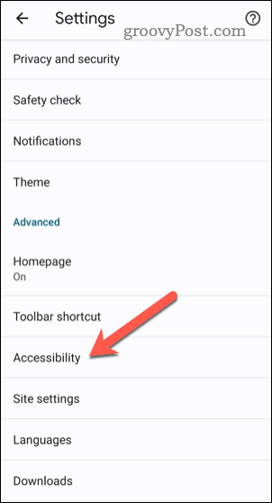 Отворете настройките за достъпност в Chrome на мобилно устройство