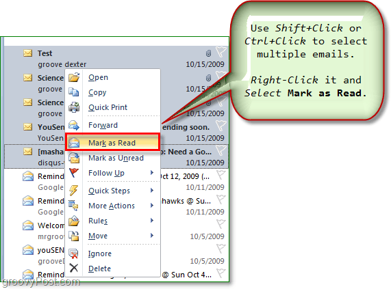 изберете няколко имейла и маркирайте няколко имейла като прочетени или непрочетени в Outlook Office 2010