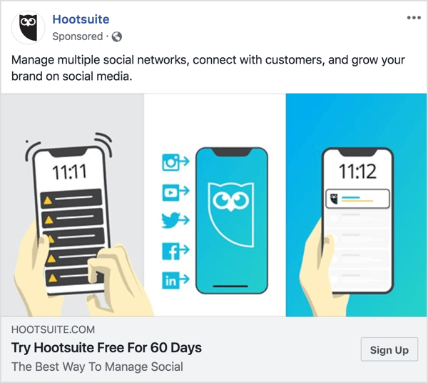 Съобщенията в рекламата на Hootsuite във Facebook са ясни и кратки. 