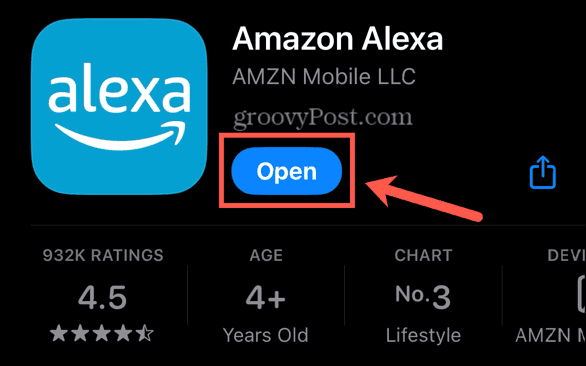 бутон за отваряне на приложението alexa