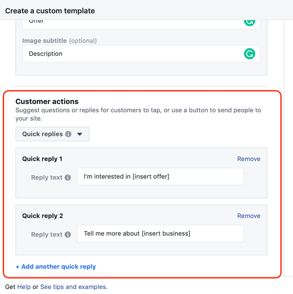 Как да насочвате топлите клиенти с реклами във Facebook Messenger, стъпка 13, опции за примерни действия на потребителски шаблон за дестинация на Messenger