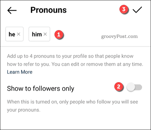 Добавяне на местоимения към профил в Instagram