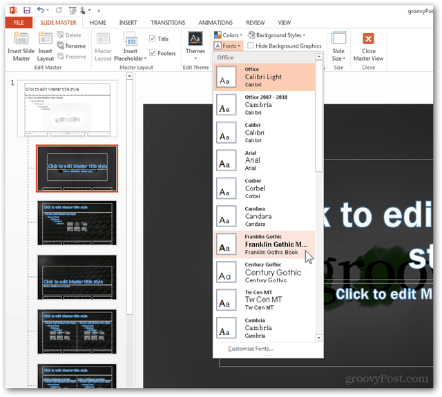 Шаблон за Office 2013 Създайте Направете персонализиран дизайн POTX Персонализирайте ръководството за слайдове за слайдове Как да плъзнете Главните шрифтове Промяна на конфигурирането 