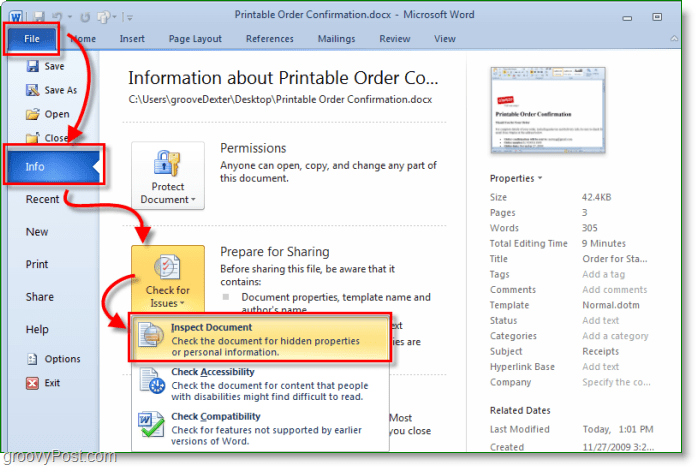 как да получите достъп до инспектора на документи в Microsoft Microsoft 2010