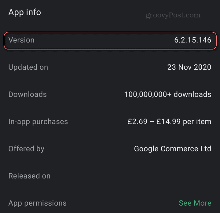 Номер на приложението за игра на версия на приложението за Android