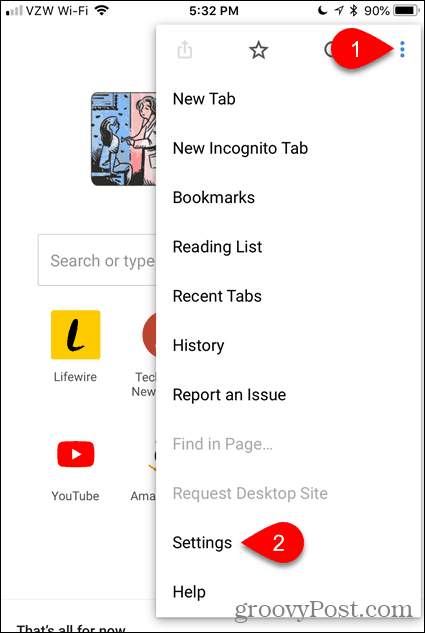 Докоснете Настройки в Chrome за iOS