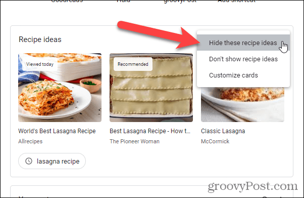 Изберете Скриване на тези идеи за рецепти на страницата с нов раздел на Chrome