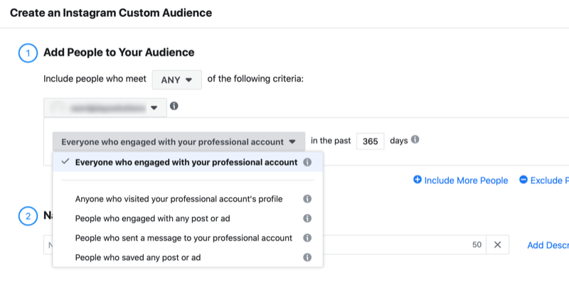 меню за създаване на потребителска аудитория в Instagram с опция за добавяне на хора към вашата аудитория, които ангажиран с вашия професионален акаунт с опцията да зададете броя дни за ангажимента Период