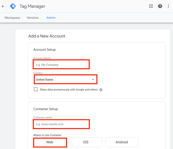 Използвайте Google Tag Manager с Facebook, стъпка 1, настройка, за да добавите нов акаунт в Google Tag Manager