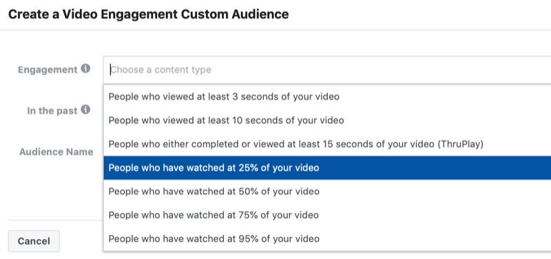 диалогов прозорец за създаване на персонализирана аудитория за видео ангажиране във Facebook