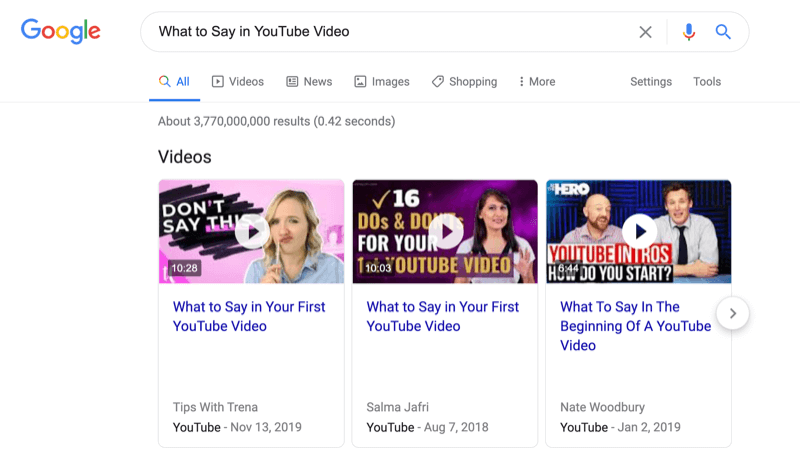 екранна снимка на търсене в Google за какво да се каже във видеоклипа в YouTube с отбелязани резултати от търсенето на видеоклипове