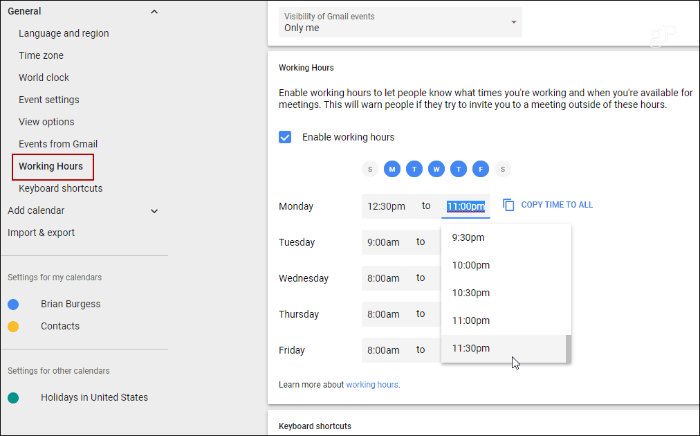 Задайте работно време за отделни дни Google Календар
