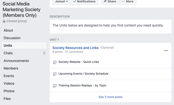 Как да използвам функциите на Facebook Групи, пример за групови единици за Социално медийно маркетингово общество 