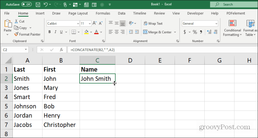 използване на concatenate за имена в Excel