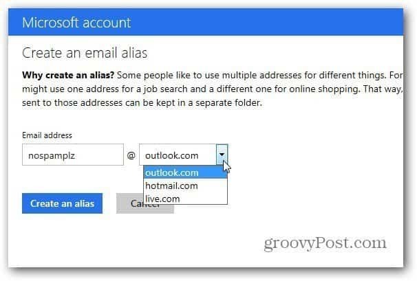 Поддръжка на свързан акаунт на Microsoft Outlook.com за псевдоними