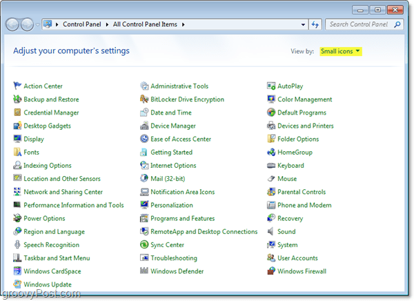 контролния панел на Windows 7 автоматично в изглед на малки икони