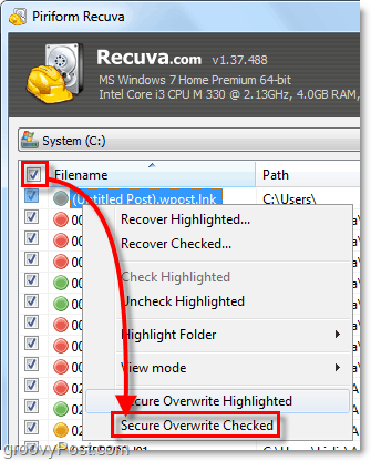 презапишете множество изтрити файлове с помощта на recuva