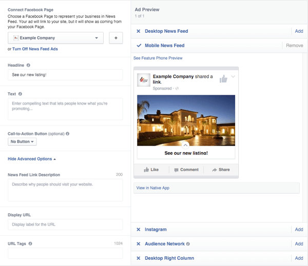 опции за доставка на реклами на платното на facebook
