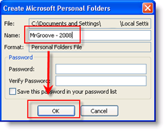 Наименувайте вашия .PST файл, изберете парола и щракнете върху OK image:: groovyPost.com