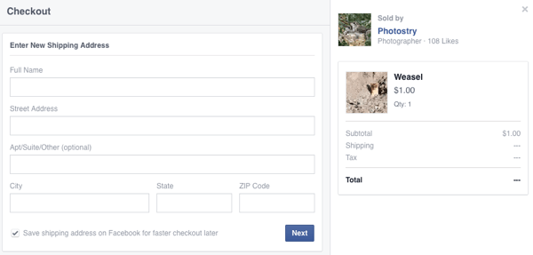 клиентът въвежда данни за доставка за първа покупка във facebook