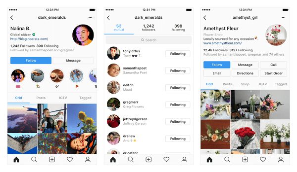Примери за потенциални промени във вашия профил в Instagram.