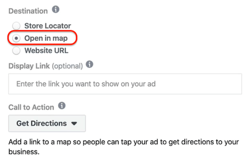 Отваряне в опция Карта, избрана на ниво реклама във Facebook Ads Manager