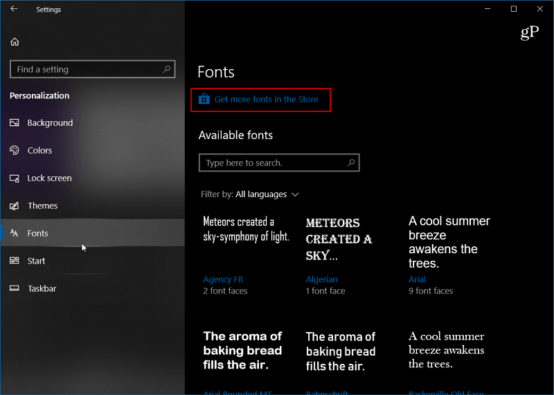 Windows 10-шрифта настройки