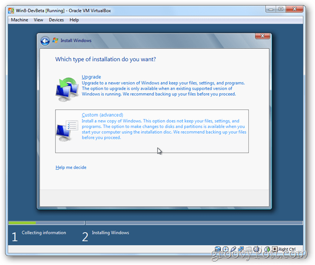 VirtualBox Windows 8 изберете инсталиране по избор