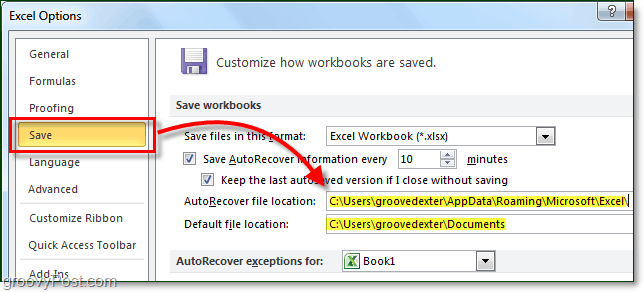 запишете местоположения в Office 2010 за автоматично откриване и запис по подразбиране