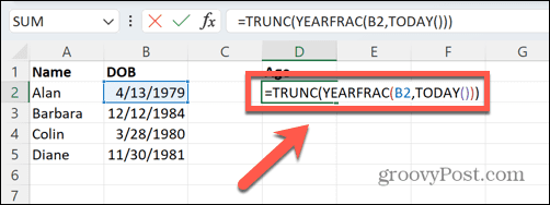 формула на Excel yearfrac