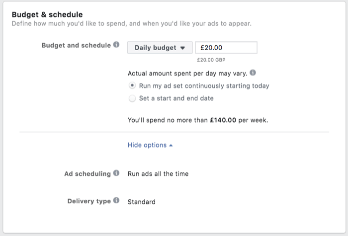 опции на менюто за бюджет и график с дневен бюджет от ~ $ 24 на ден и опция за непрекъснато показване на рекламния набор