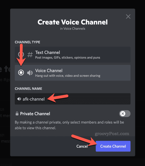 Опции за настройка за нов гласов канал в Discord