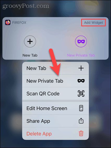 Натиснете дълго иконата на Firefox в iOS и изберете New Private Tab