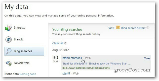 История на търсенията в Bing