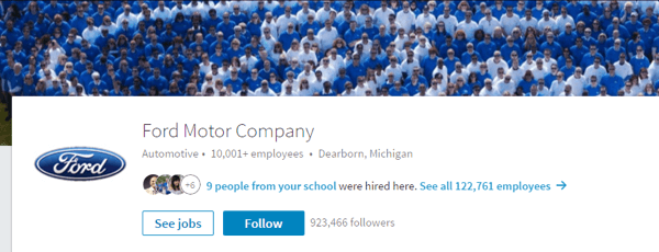 Страницата LinkedIn на Ford Motor Company включва подходящи изображения и актуални подробности.