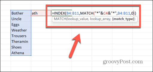 формула за съответствие на индекса на Excel