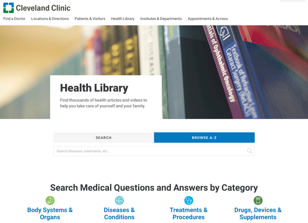 изображение на уебсайта на здравната библиотека на клиниката в Кливланд