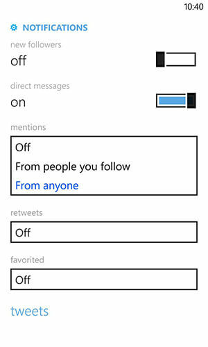 настройки за уведомяване в Twitter на Windows Phone