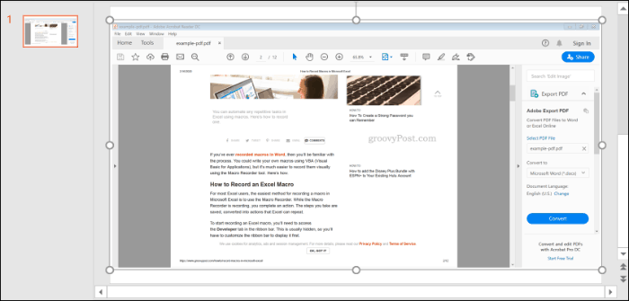 Екранна снимка на PDF файл, вмъкнат в PowerPoint