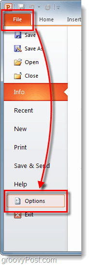 опции на лентата на файла за Powerpoint 2010