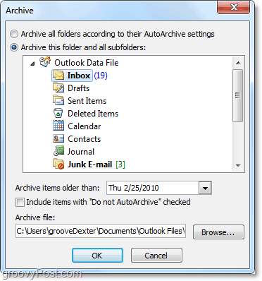 ръчни настройки за архивиране в Outlook 2010