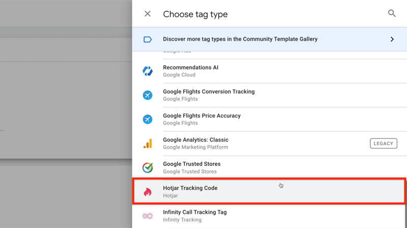 нов таг на мениджър на Google tag с опции от менюто за избор на тип с маркиран код за проследяване на hotjar