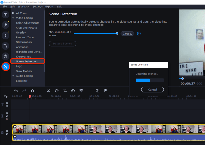 достъп до функцията за откриване на сцена в Movavi Video Editor Plus