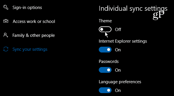 Windows 10 Индивидуални настройки за синхронизиране