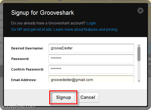 Процес на регистрация в Grooveshark