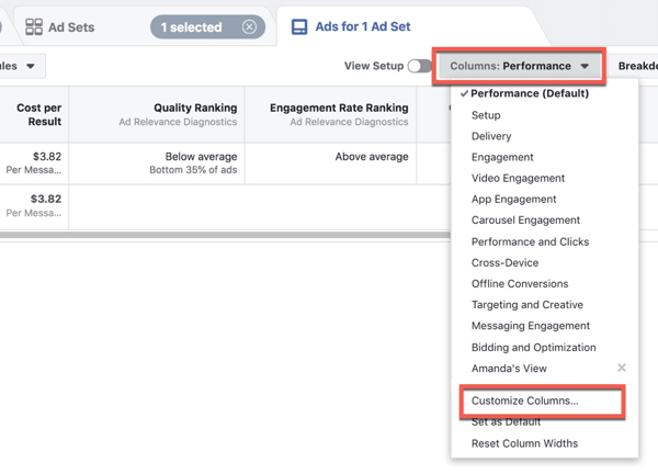 Персонализиране на Facebook Ads Manager за персонализиране на колоните.