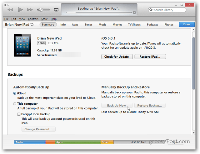 Архивиране на iPad чрез iTunes